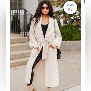 Pink Lily ALL ABOUT YOU BELTED BEIGE CABLE KNIT CARDIGAN